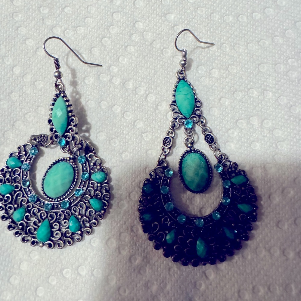 Bohemian Tribal Ethnic Antique Silver Turquoise drop Earrings